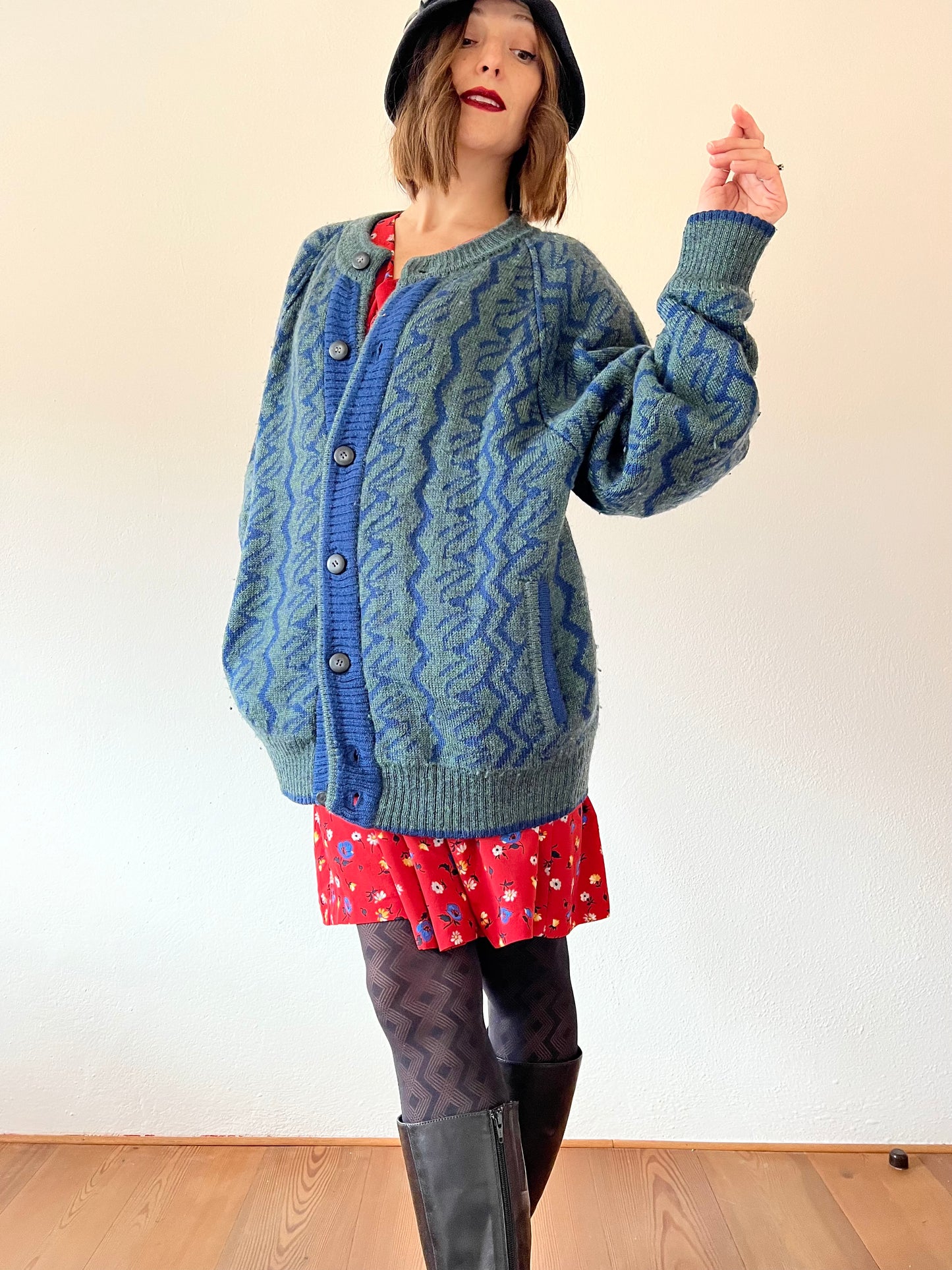 1970's vintage green and blue oversize geometric wool cardigan