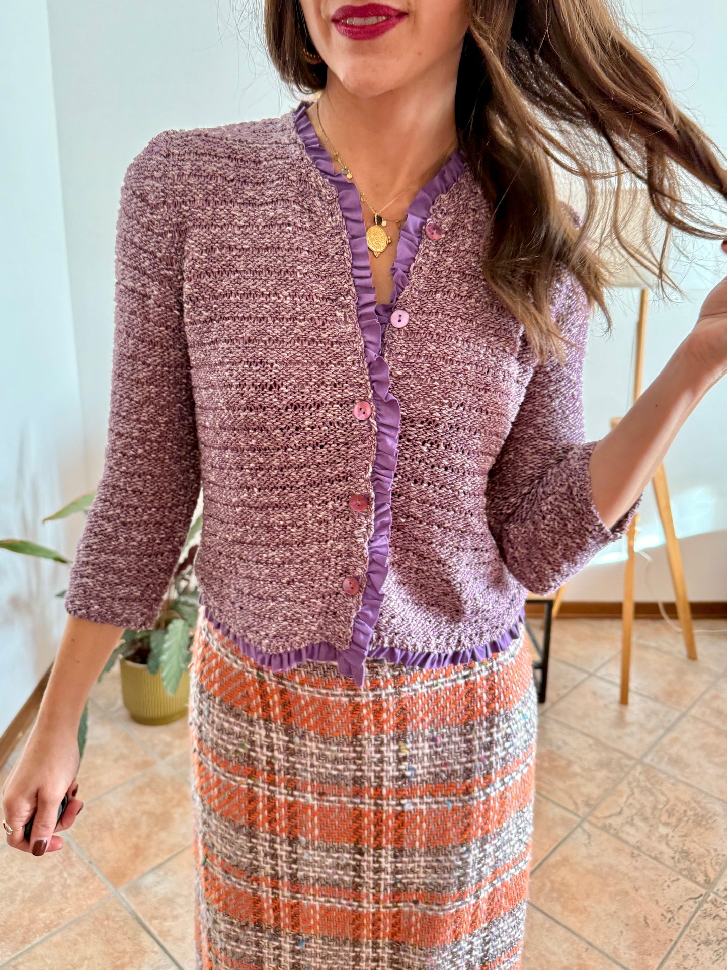 Y2k vintage lavender knit cardigan with ruffle trim