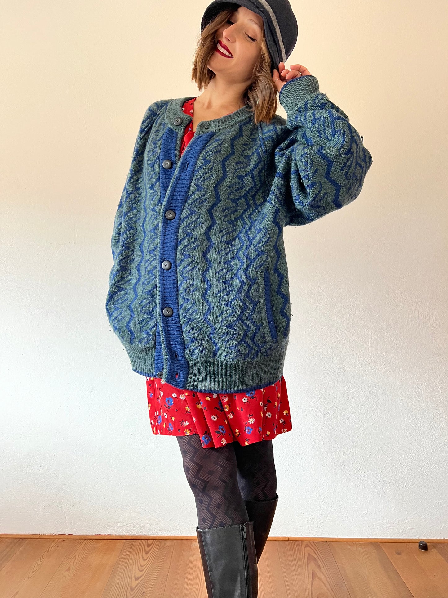 1970's vintage green and blue oversize geometric wool cardigan