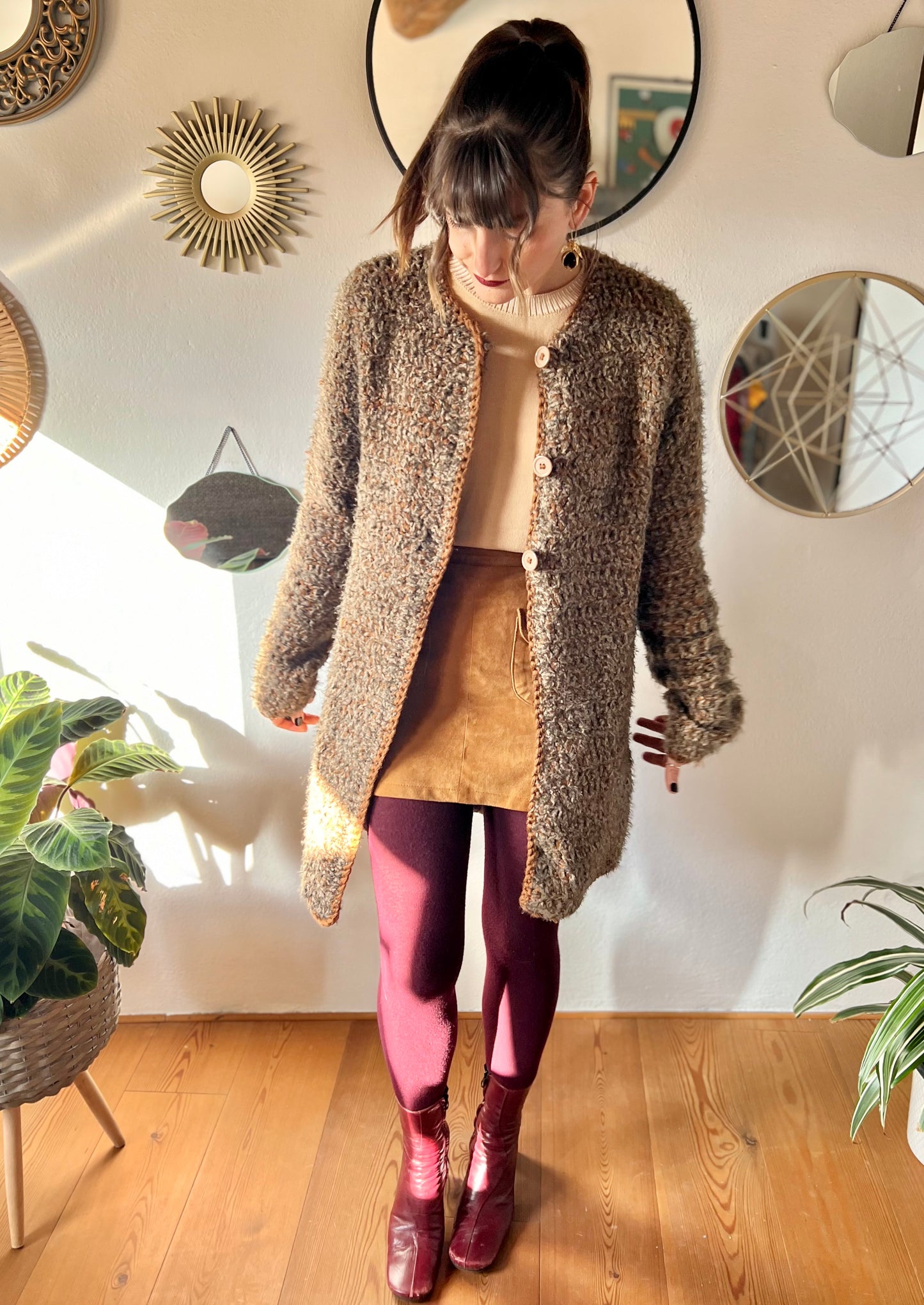 1970's vintage multi tonal brown hand knit textured wool cardigan