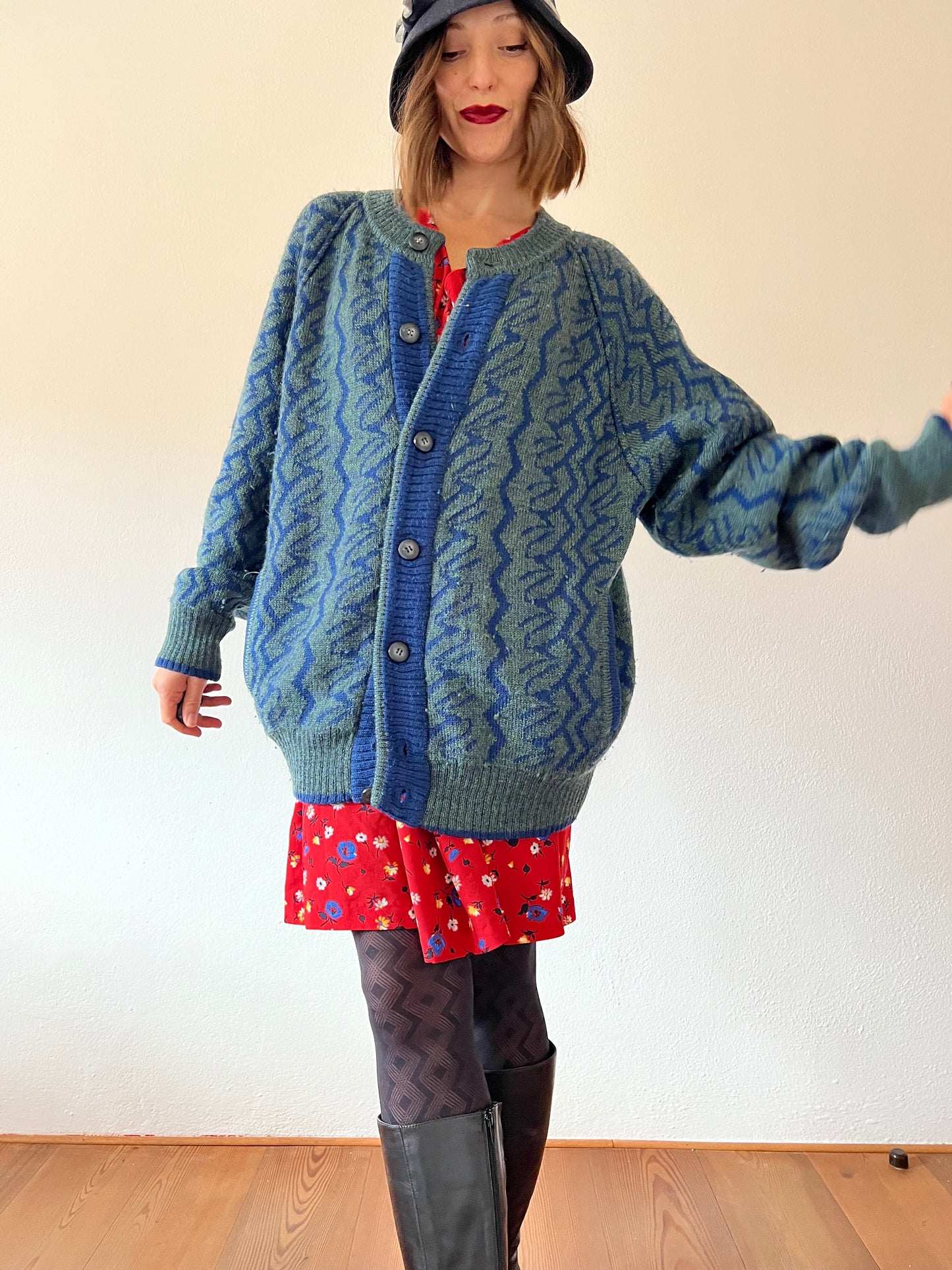 1970's vintage green and blue oversize geometric wool cardigan