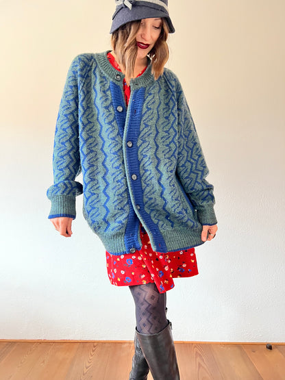 1970's vintage green and blue oversize geometric wool cardigan