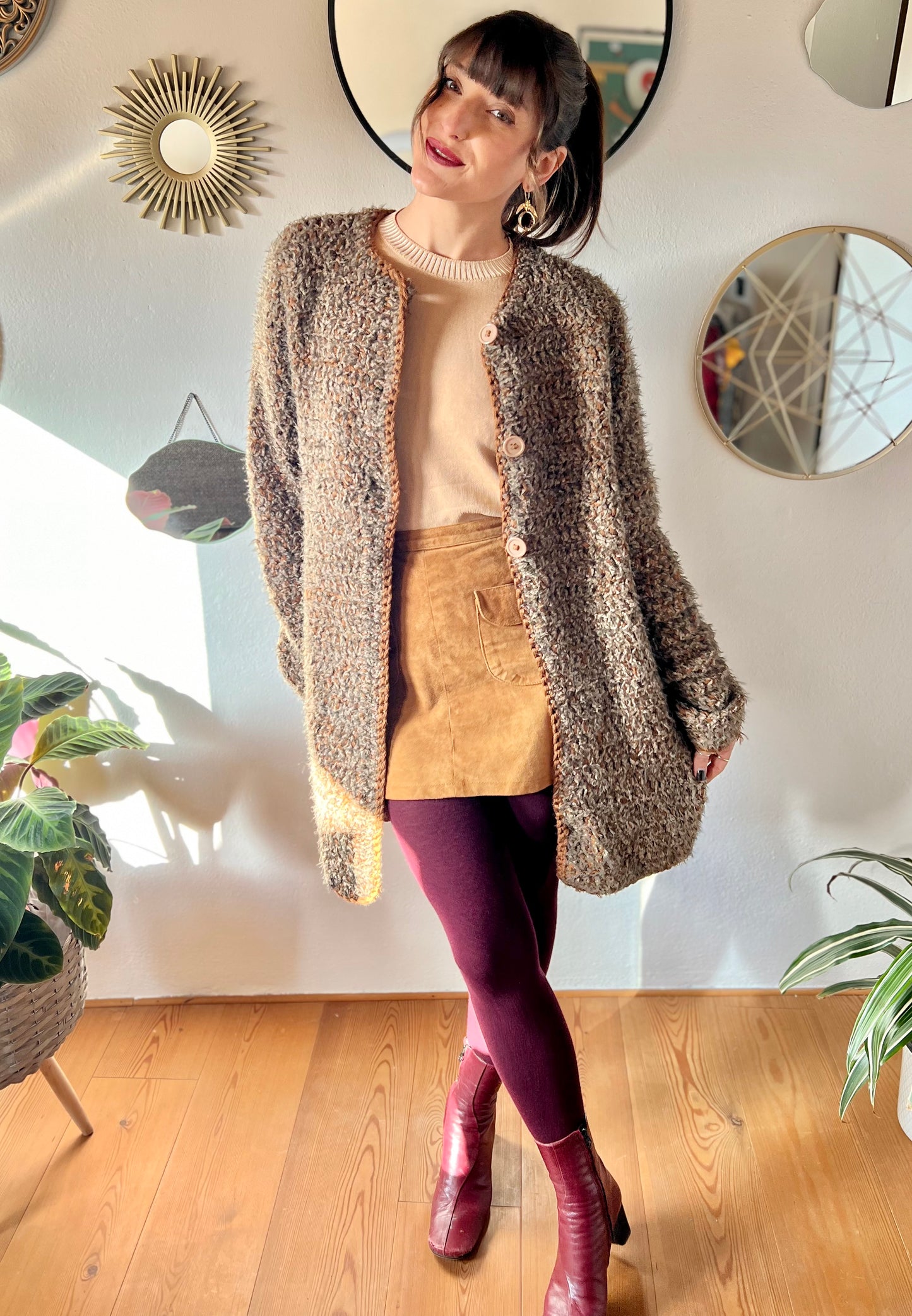 1970's vintage multi tonal brown hand knit textured wool cardigan