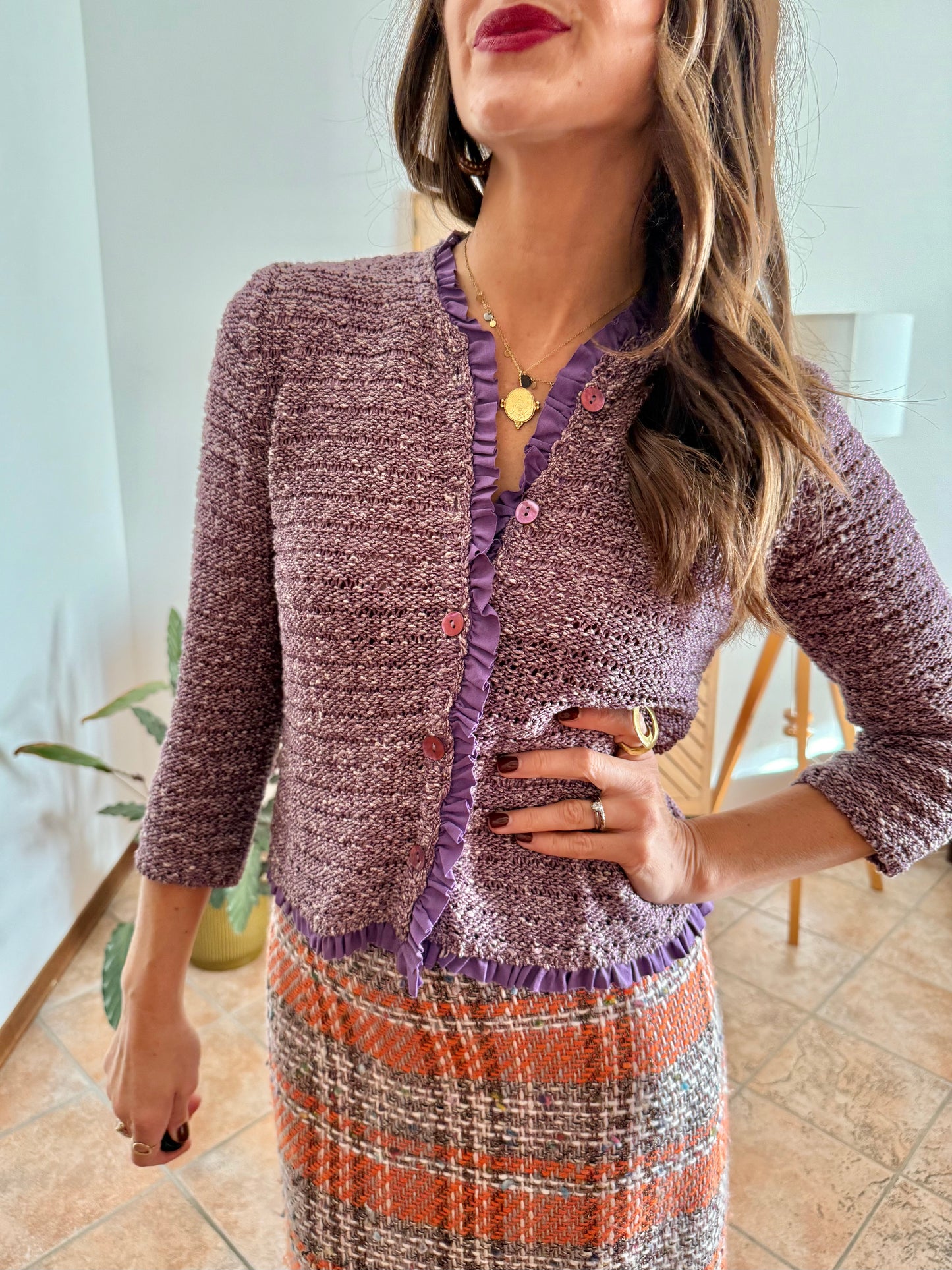 Y2k vintage lavender knit cardigan with ruffle trim