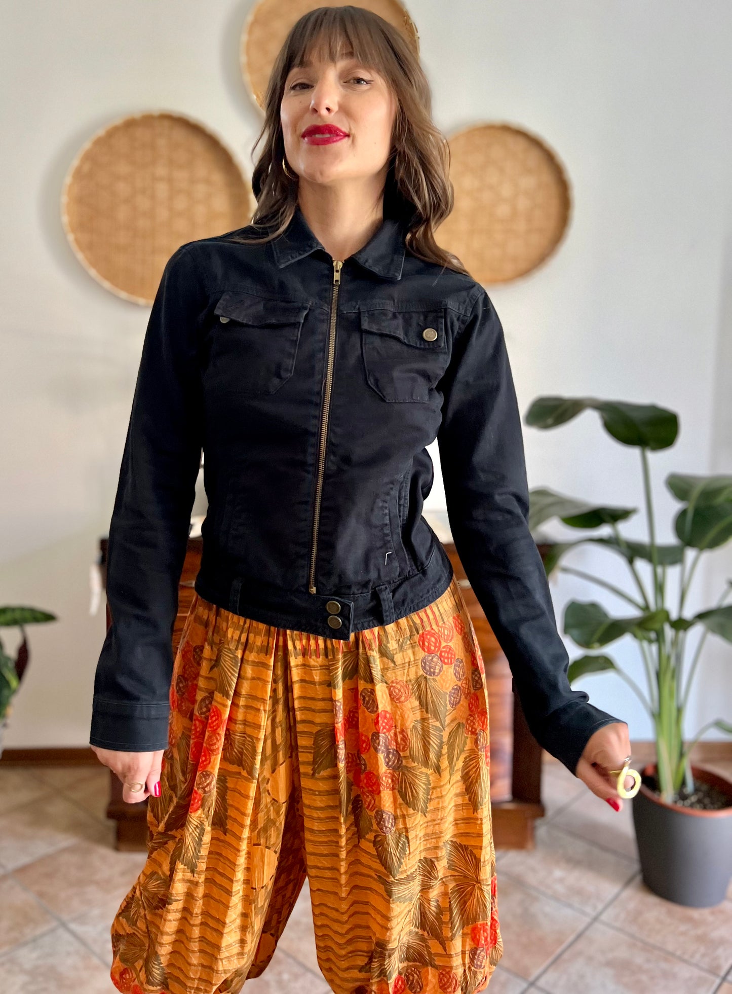 Y2k vintage black denim jacket with brass zip details