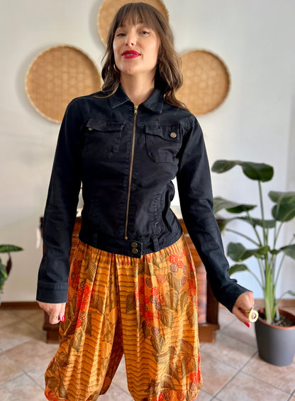 Y2k vintage black denim jacket with brass zip details