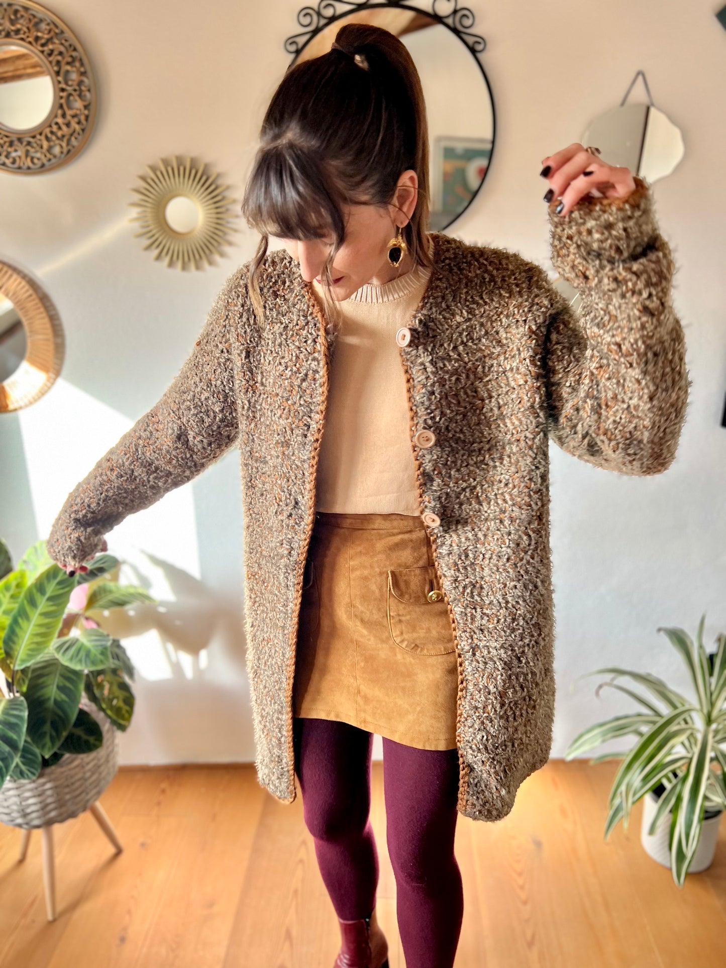 1970's vintage multi tonal brown hand knit textured wool cardigan