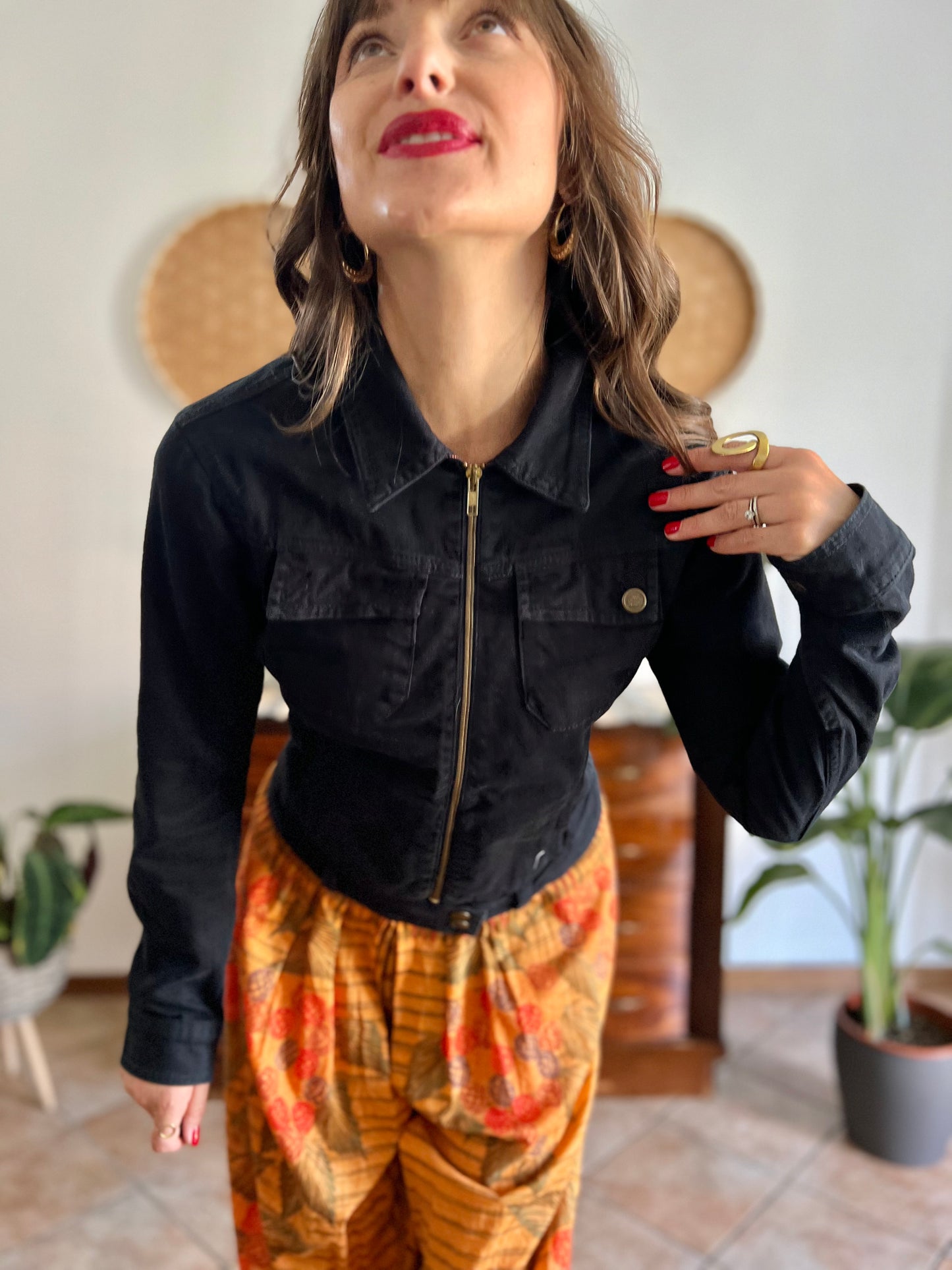 Y2k vintage black denim jacket with brass zip details