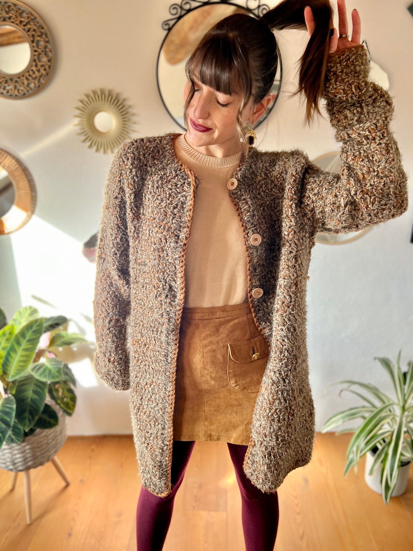 1970's vintage multi tonal brown hand knit textured wool cardigan