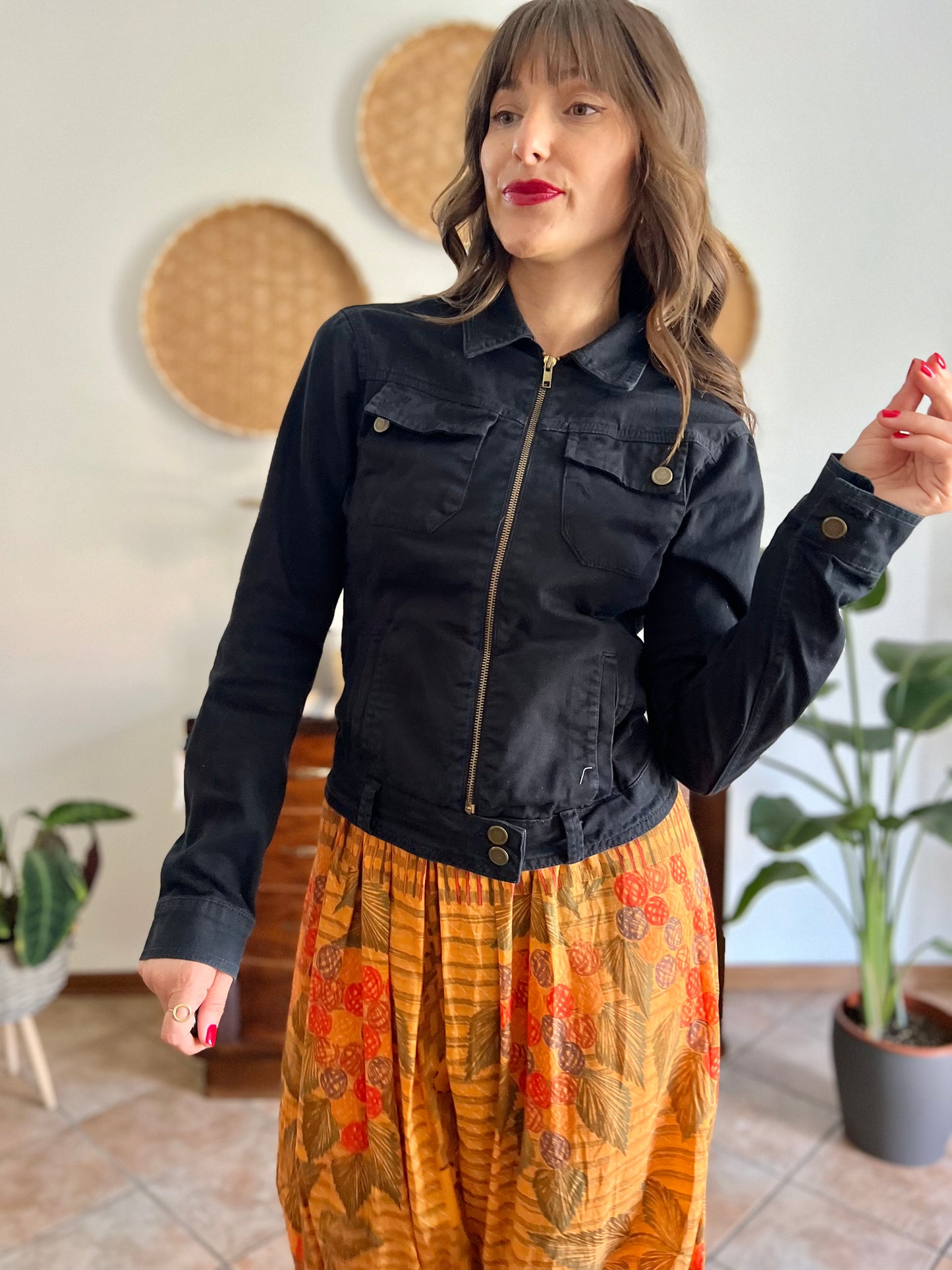 Y2k vintage black denim jacket with brass zip details