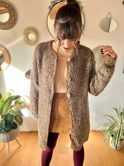 1970's vintage multi tonal brown hand knit textured wool cardigan