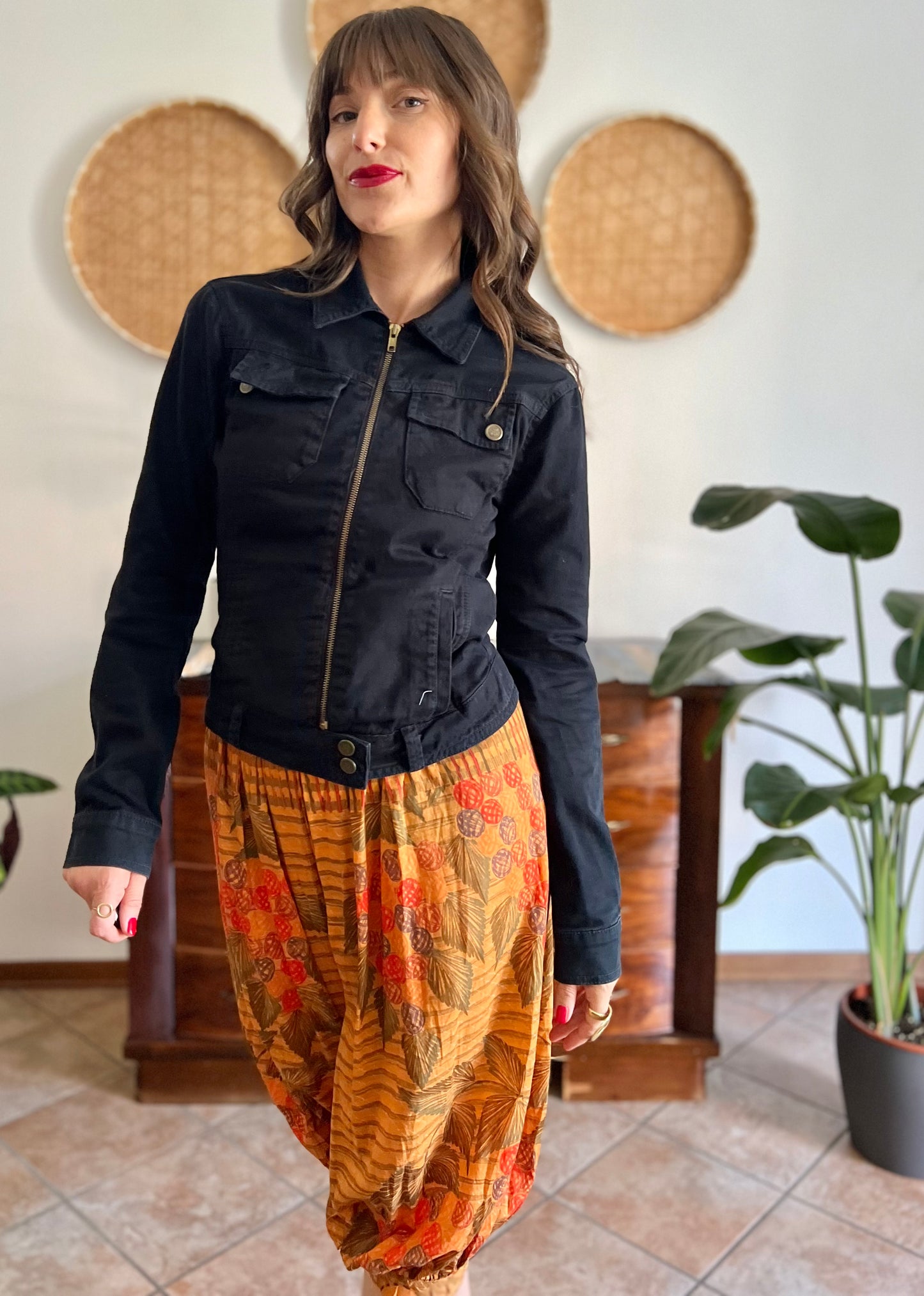 Y2k vintage black denim jacket with brass zip details