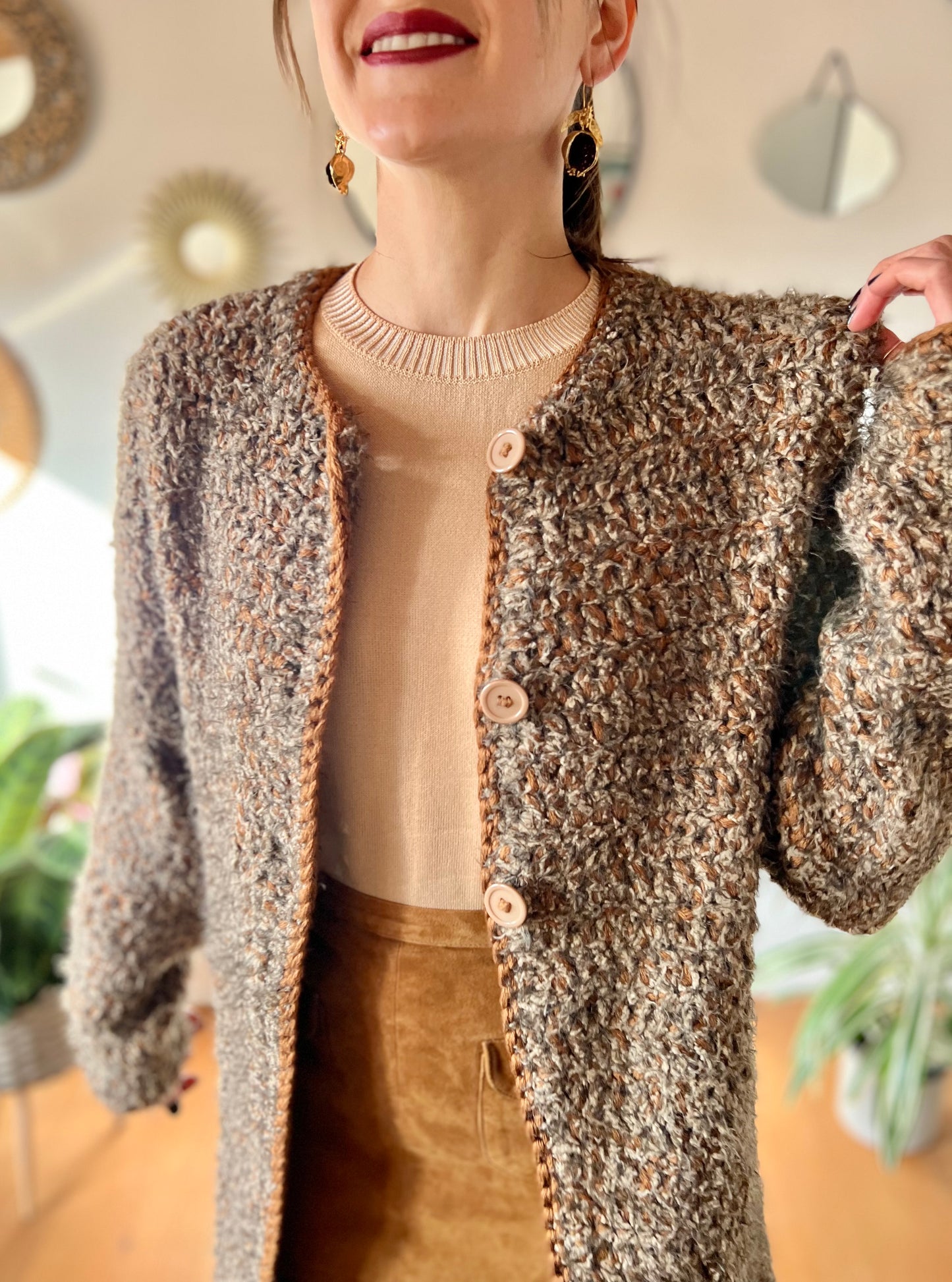 1970's vintage multi tonal brown hand knit textured wool cardigan