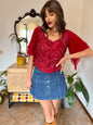 1970's vintage dark redvsilk bustier top with bell sleeves and intricate glass beading