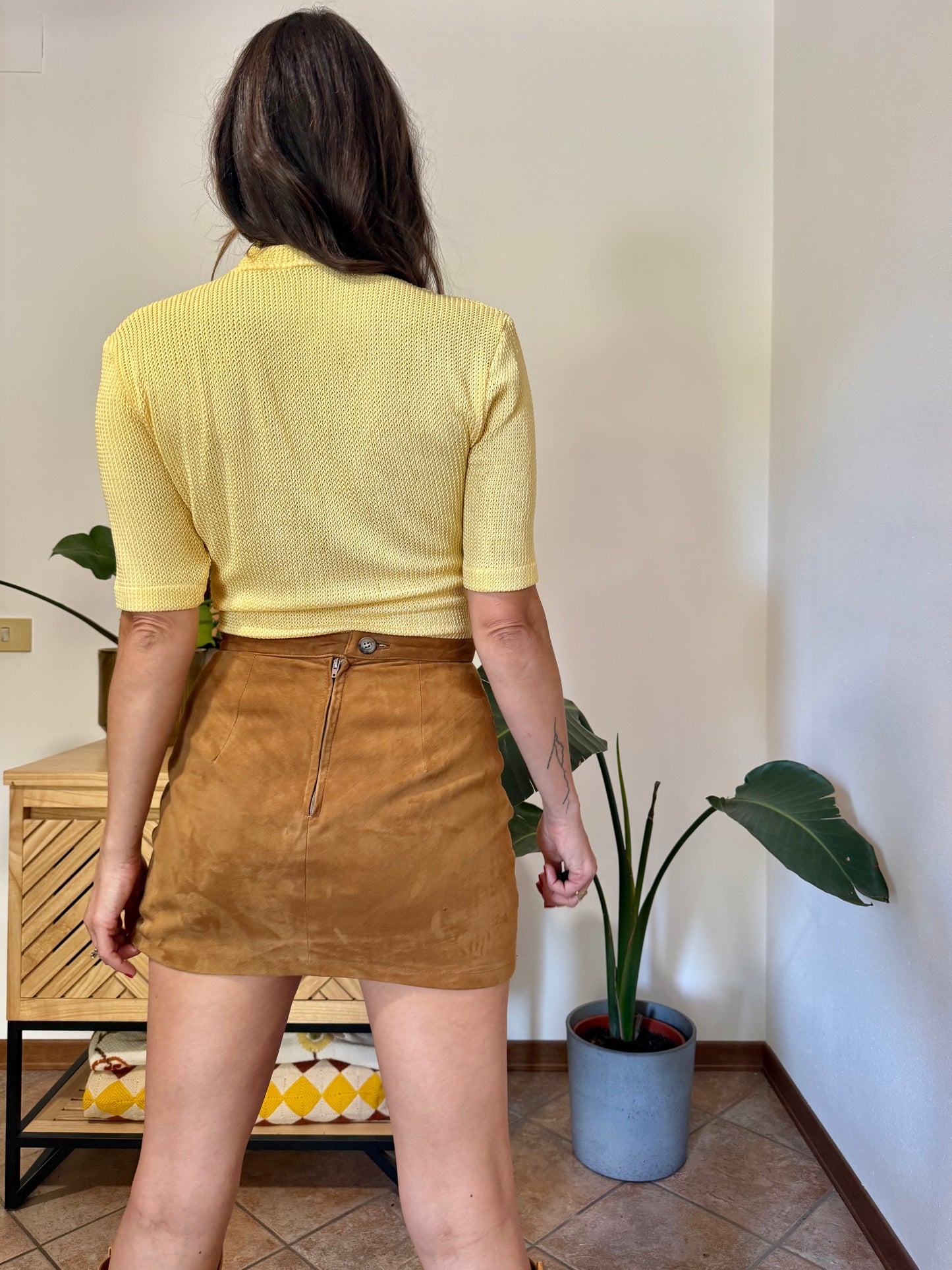 1970's vintage butter yellow knit mock neck top with zip detail