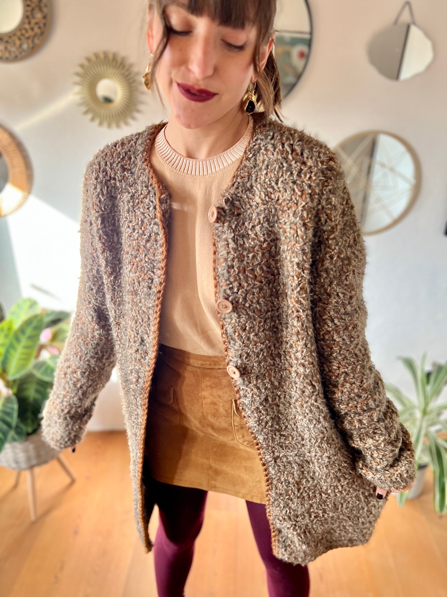 1970's vintage multi tonal brown hand knit textured wool cardigan