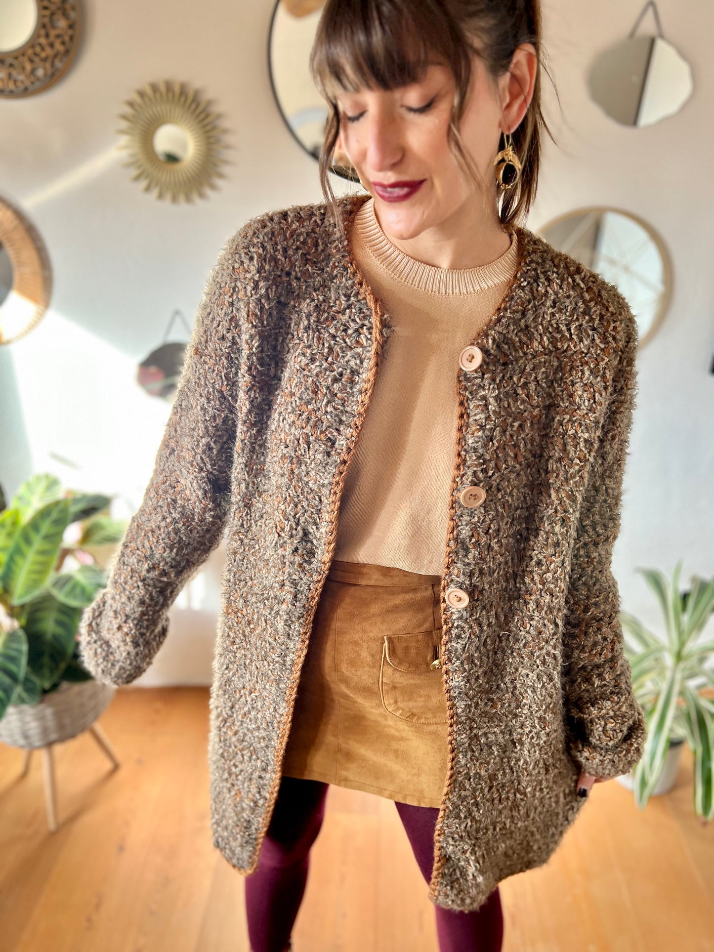 1970's vintage multi tonal brown hand knit textured wool cardigan