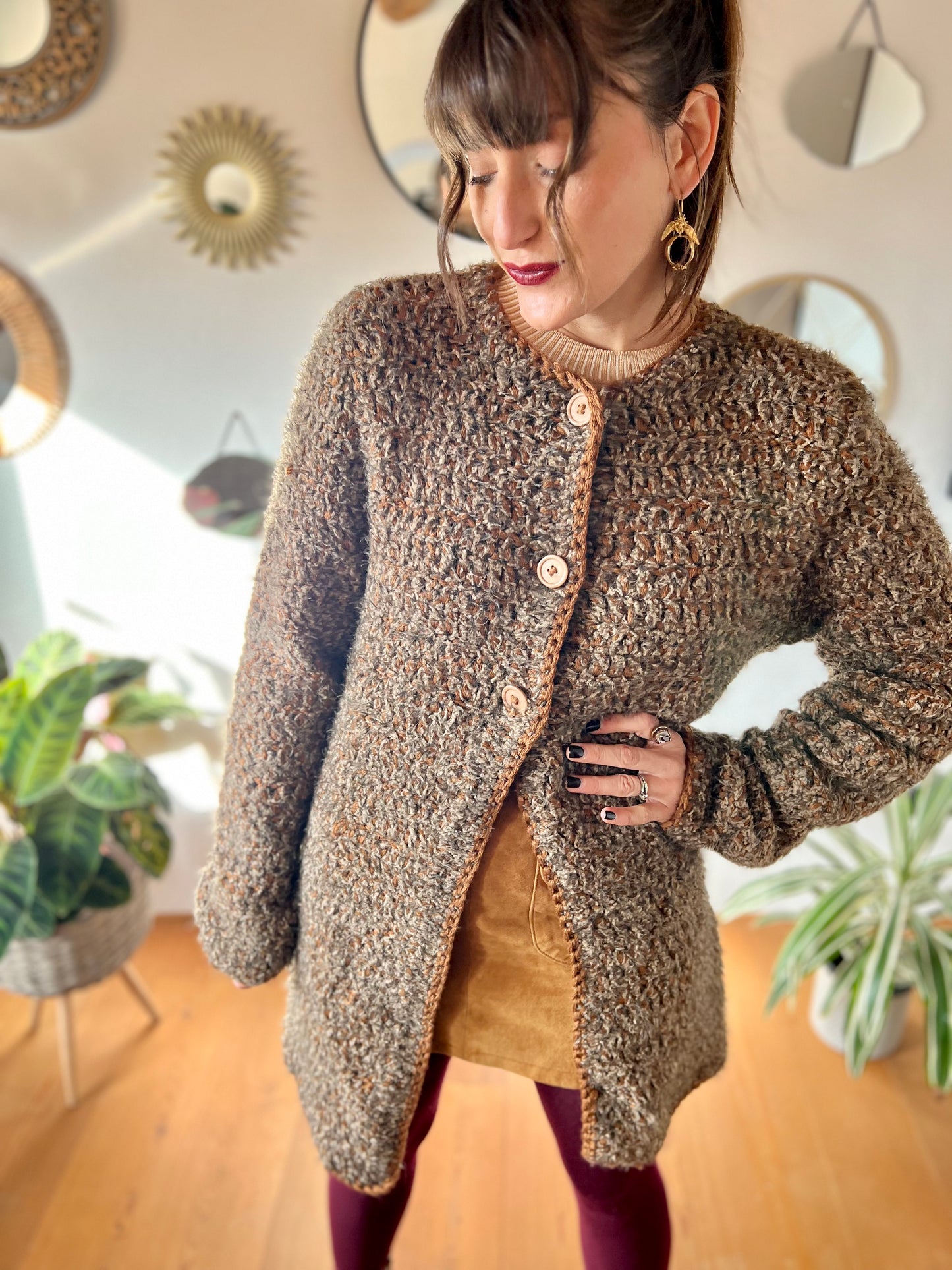 1970's vintage multi tonal brown hand knit textured wool cardigan