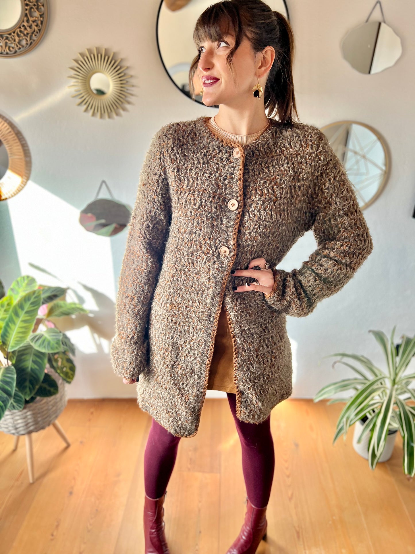 1970's vintage multi tonal brown hand knit textured wool cardigan