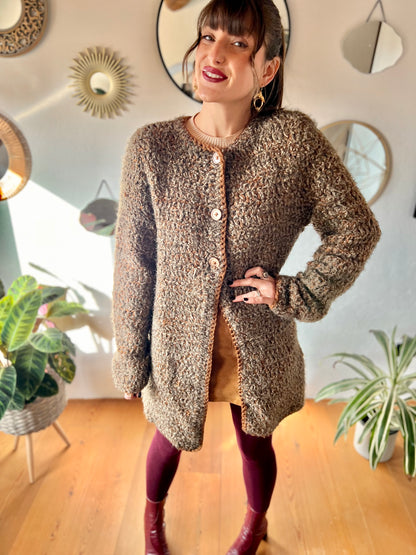 1970's vintage multi tonal brown hand knit textured wool cardigan