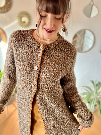 1970's vintage multi tonal brown hand knit textured wool cardigan