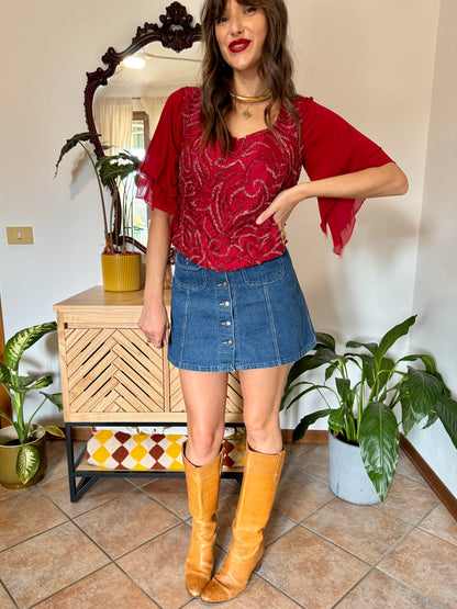 1970's vintage dark redvsilk bustier top with bell sleeves and intricate glass beading