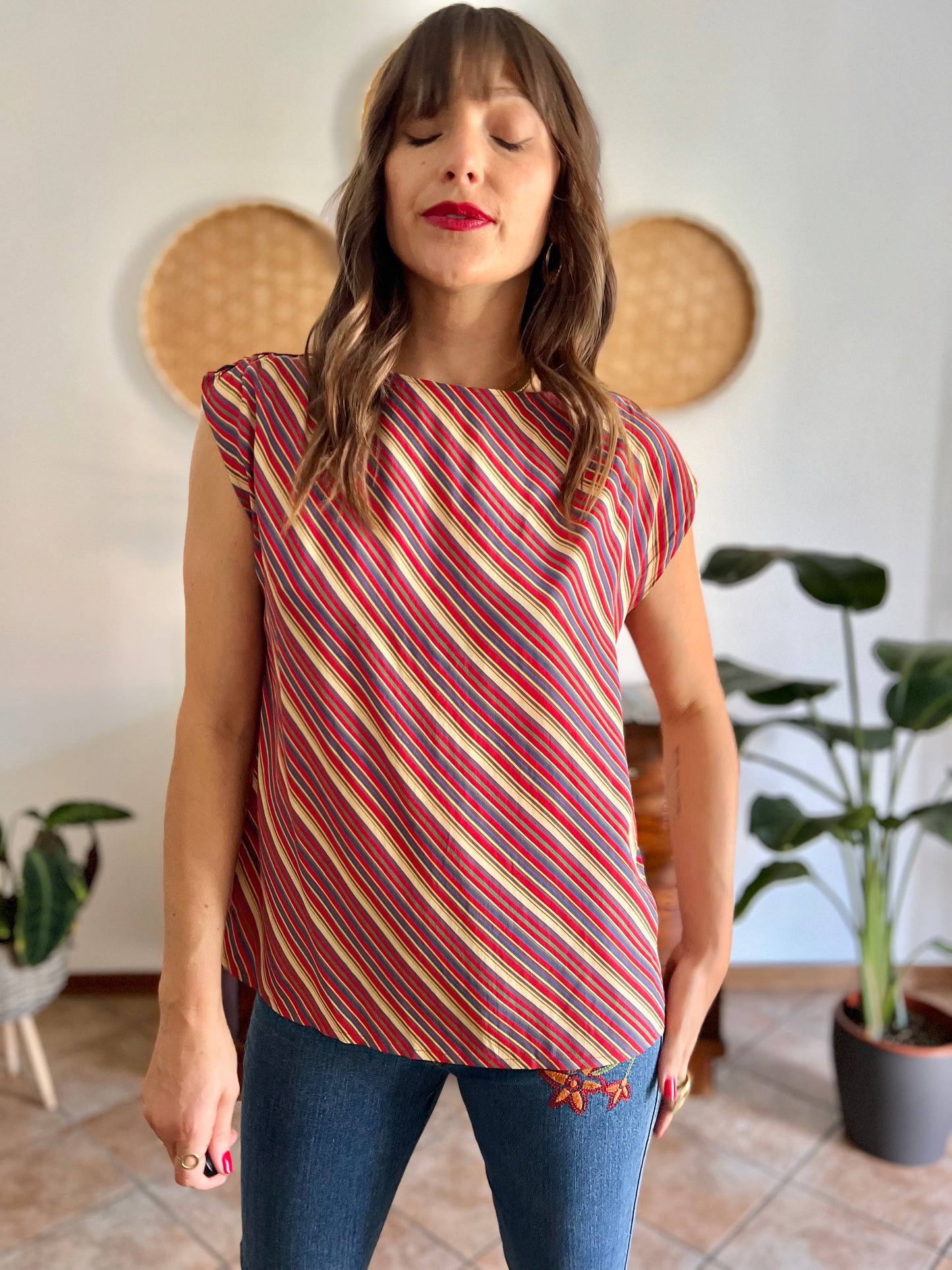 1970's vinage silk blend multicolor strip blouse