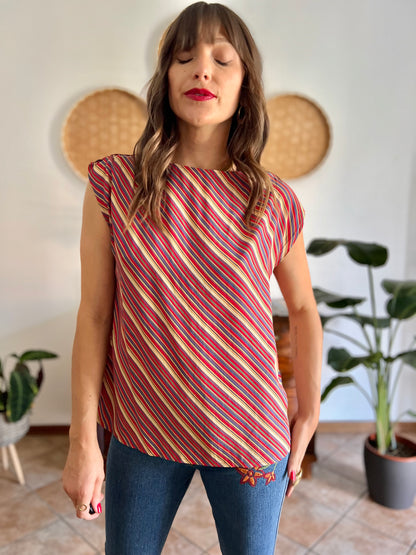 1970's vinage silk blend multicolor strip blouse