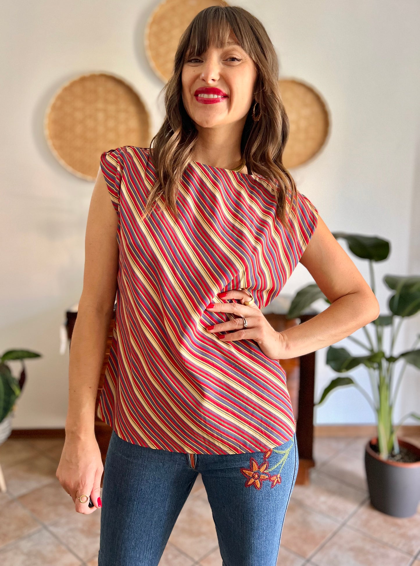 1970's vinage silk blend multicolor strip blouse