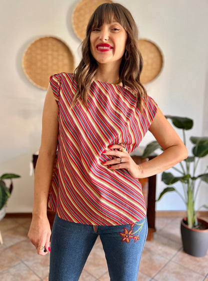 1970's vinage silk blend multicolor strip blouse