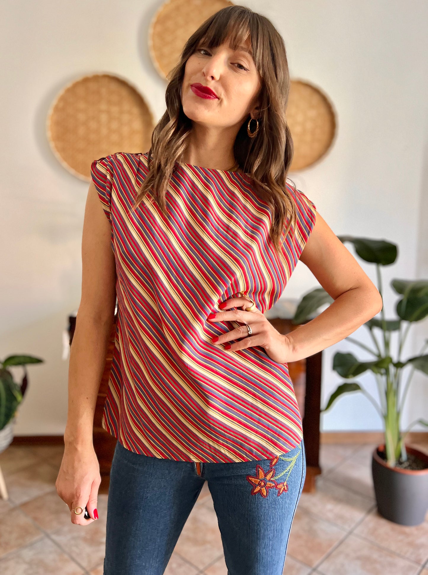 1970's vinage silk blend multicolor strip blouse