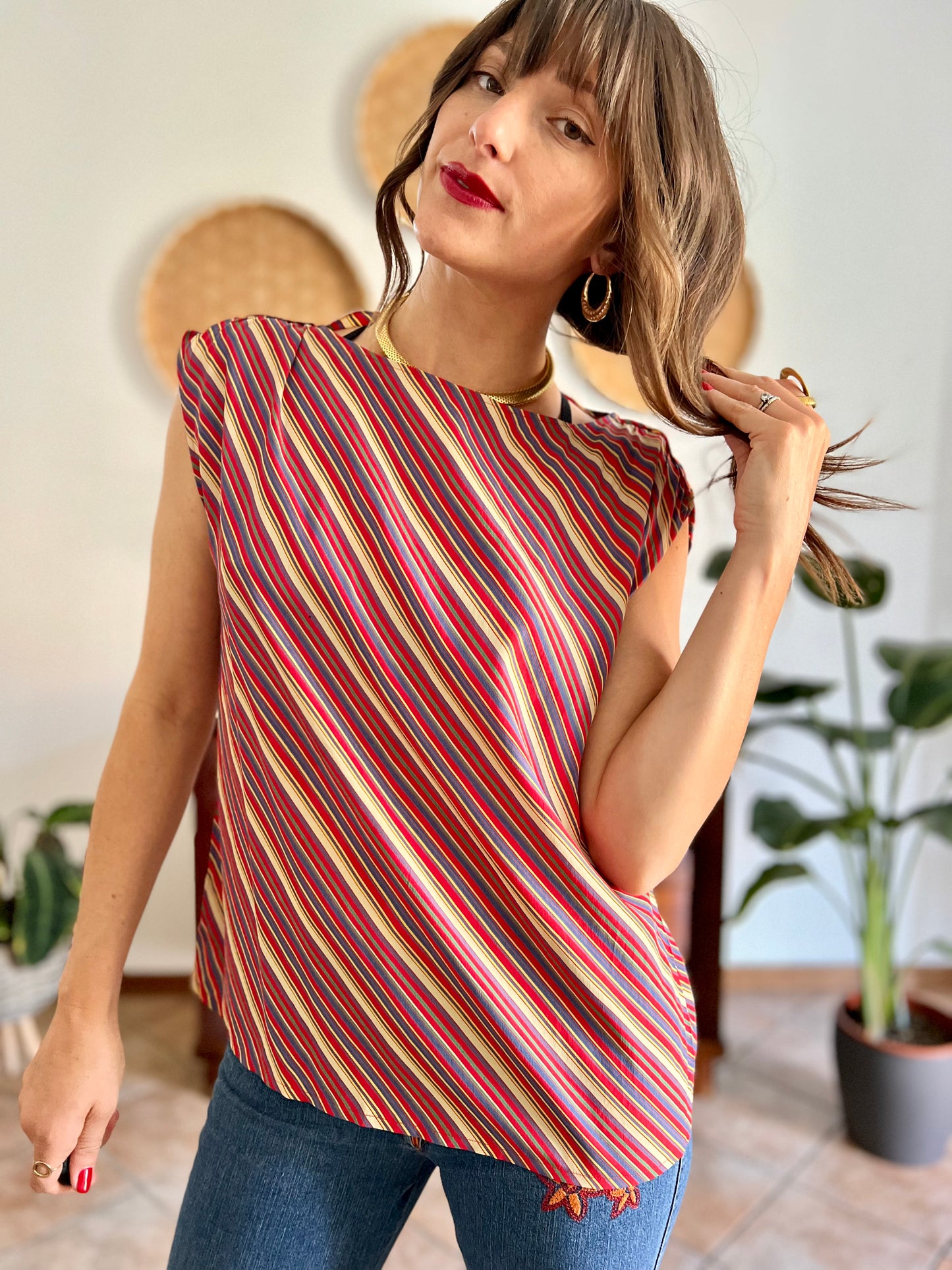 1970's vinage silk blend multicolor strip blouse