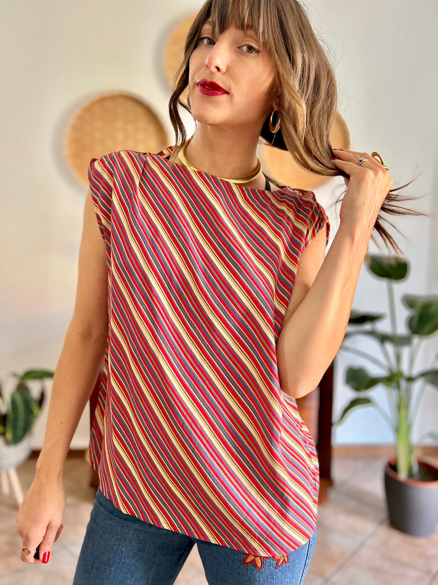 1970's vinage silk blend multicolor strip blouse