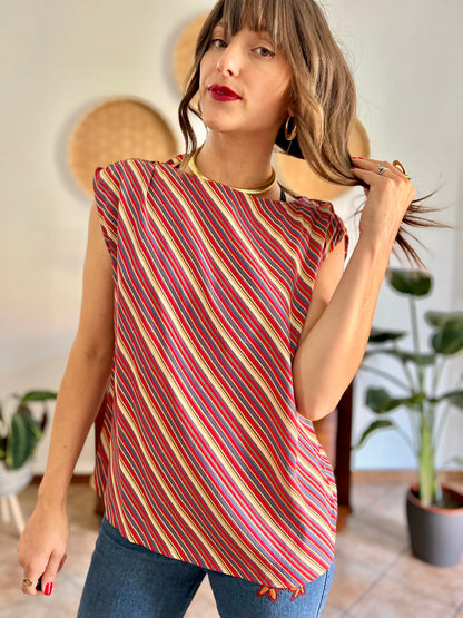 1970's vinage silk blend multicolor strip blouse