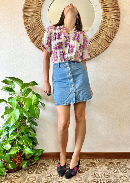 1970's vintage cream silk blouse with purple and pink flowers