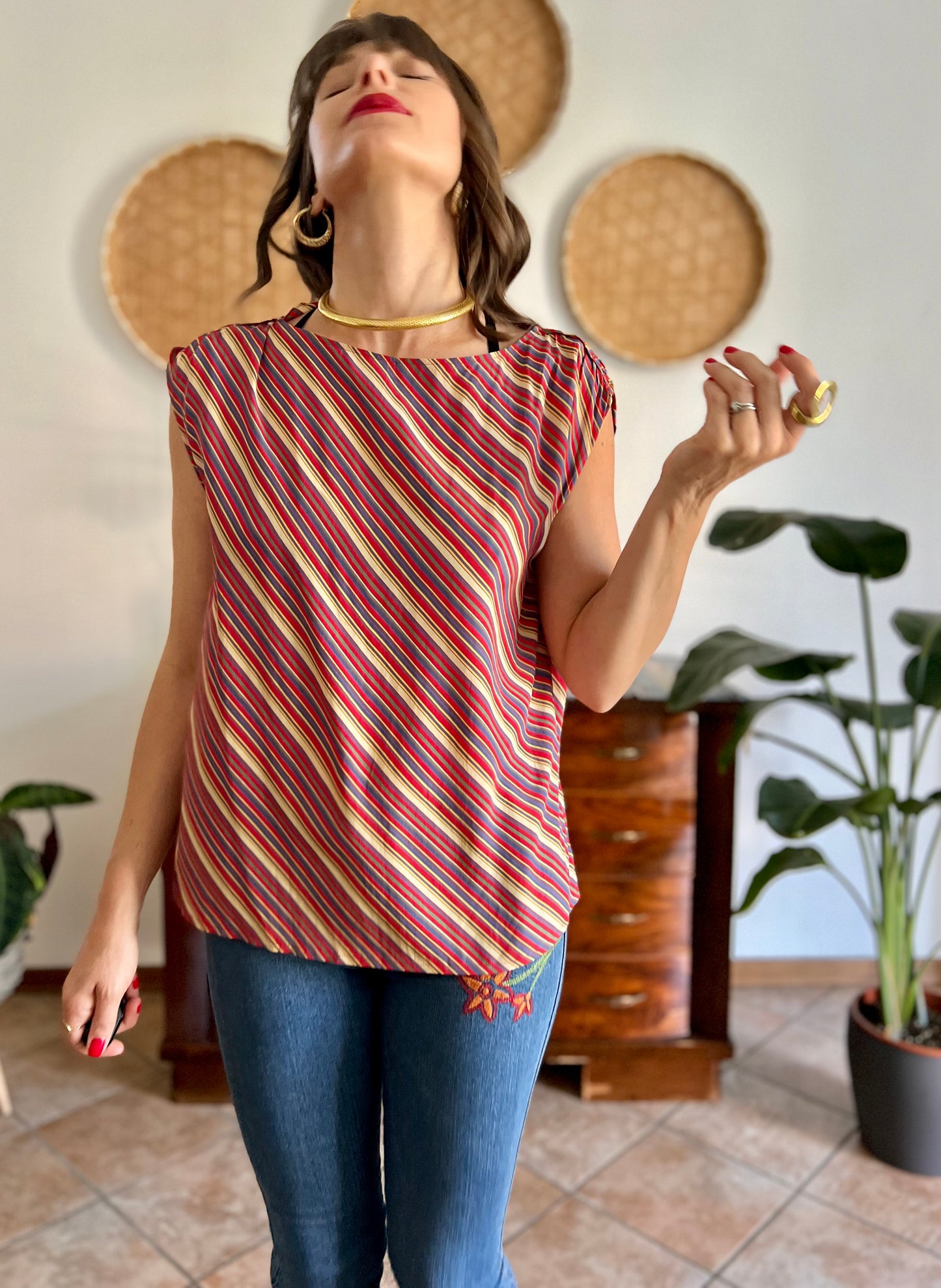 1970's vinage silk blend multicolor strip blouse