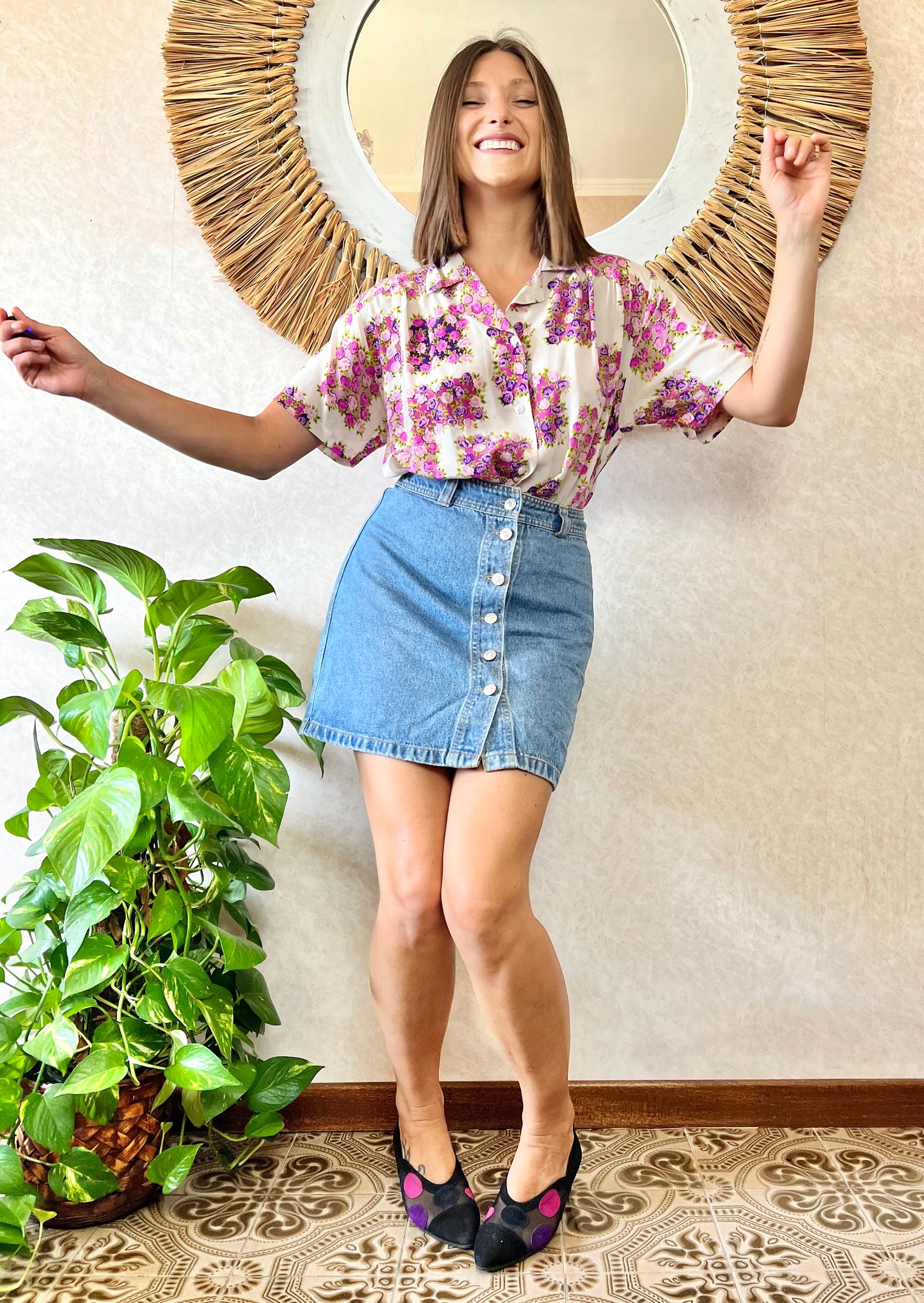 1970's vintage cream silk blouse with purple and pink flowers