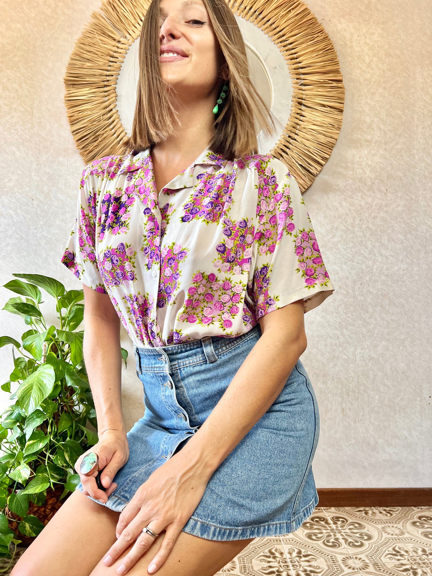 1970's vintage cream silk blouse with purple and pink flowers