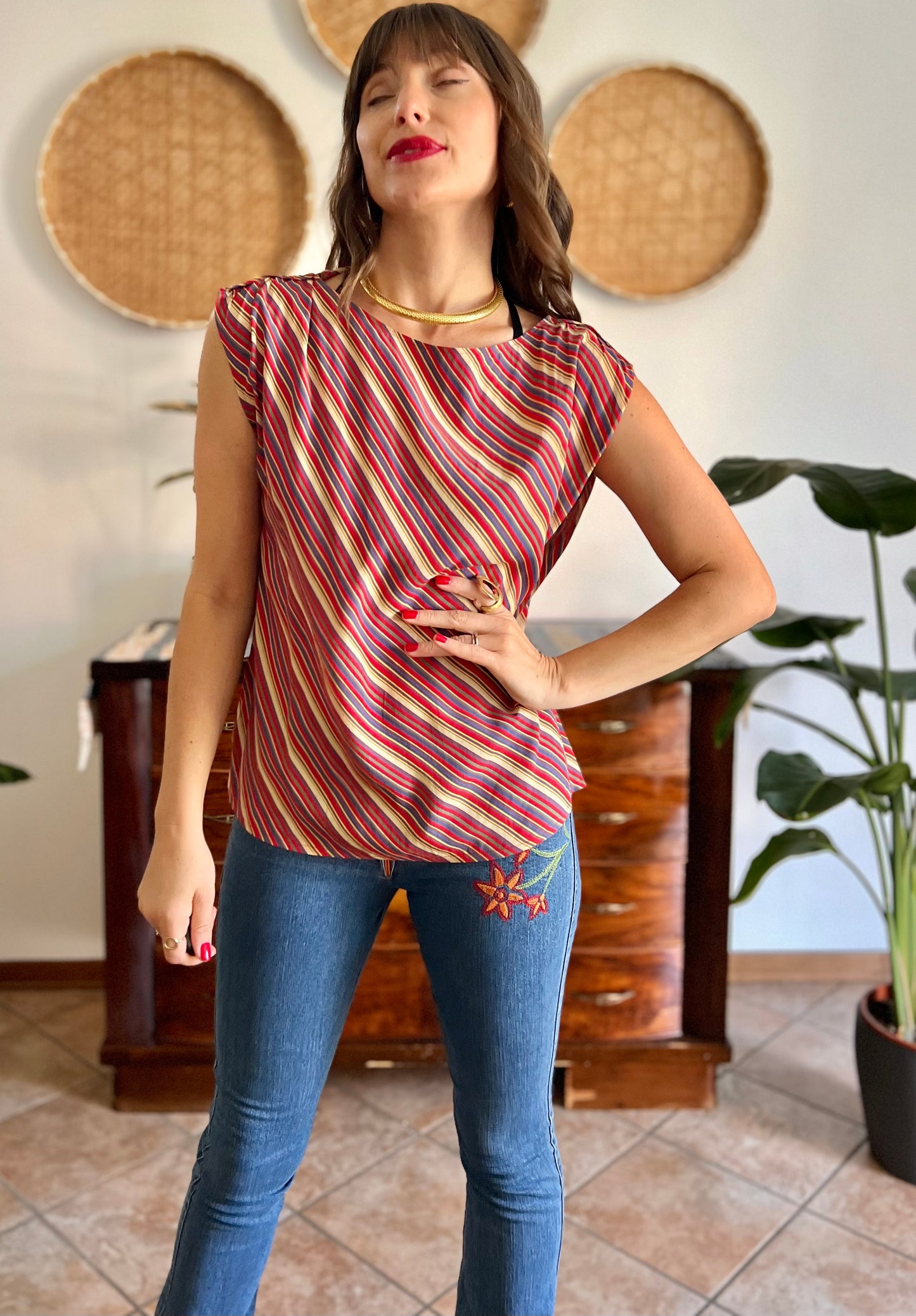 1970's vinage silk blend multicolor strip blouse