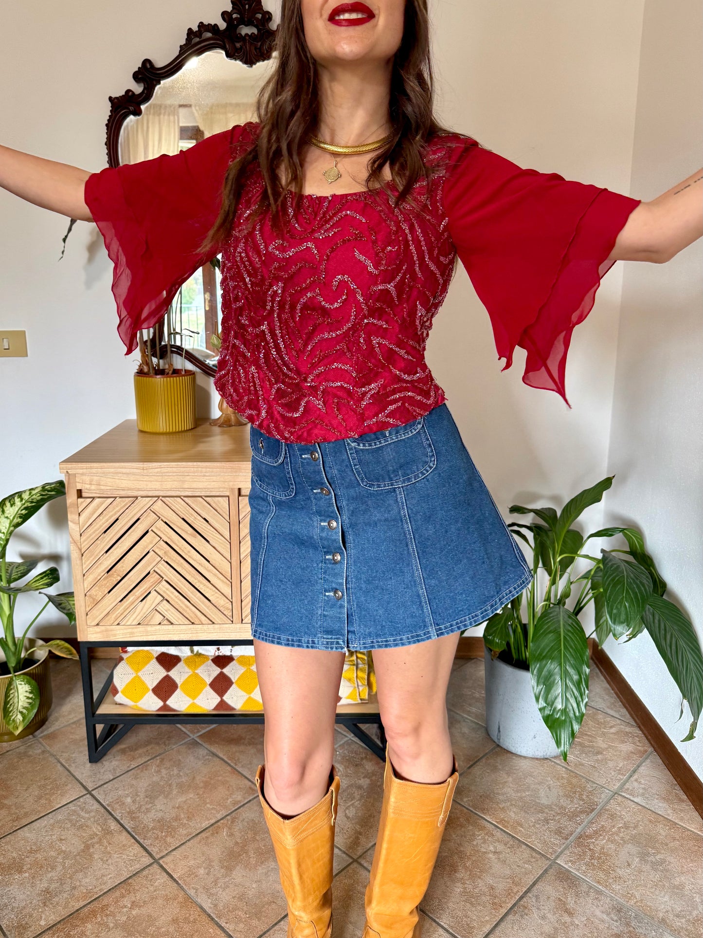 1970's vintage dark redvsilk bustier top with bell sleeves and intricate glass beading