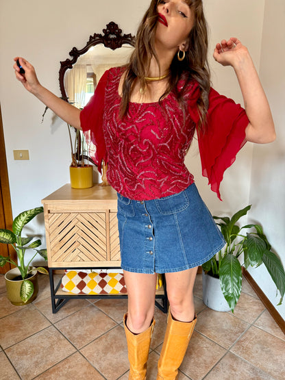 1970's vintage dark redvsilk bustier top with bell sleeves and intricate glass beading