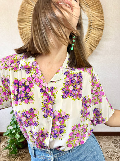 1970's vintage cream silk blouse with purple and pink flowers