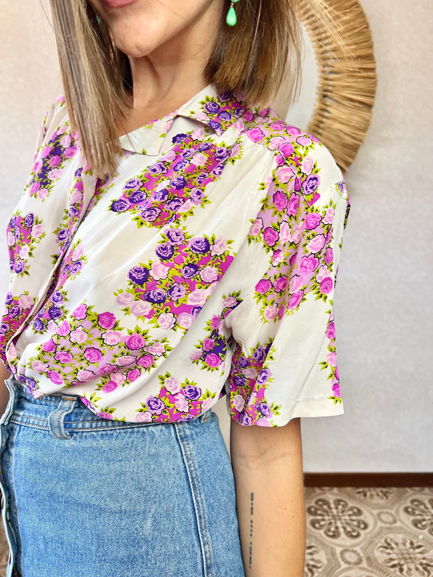 1970's vintage cream silk blouse with purple and pink flowers