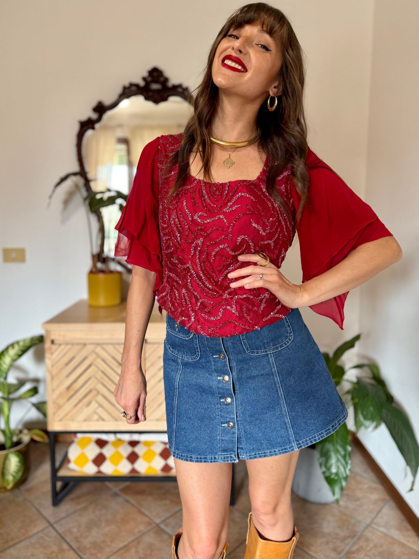 1970's vintage dark redvsilk bustier top with bell sleeves and intricate glass beading