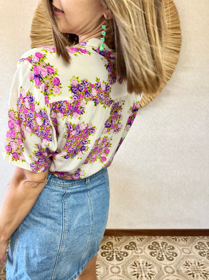 1970's vintage cream silk blouse with purple and pink flowers