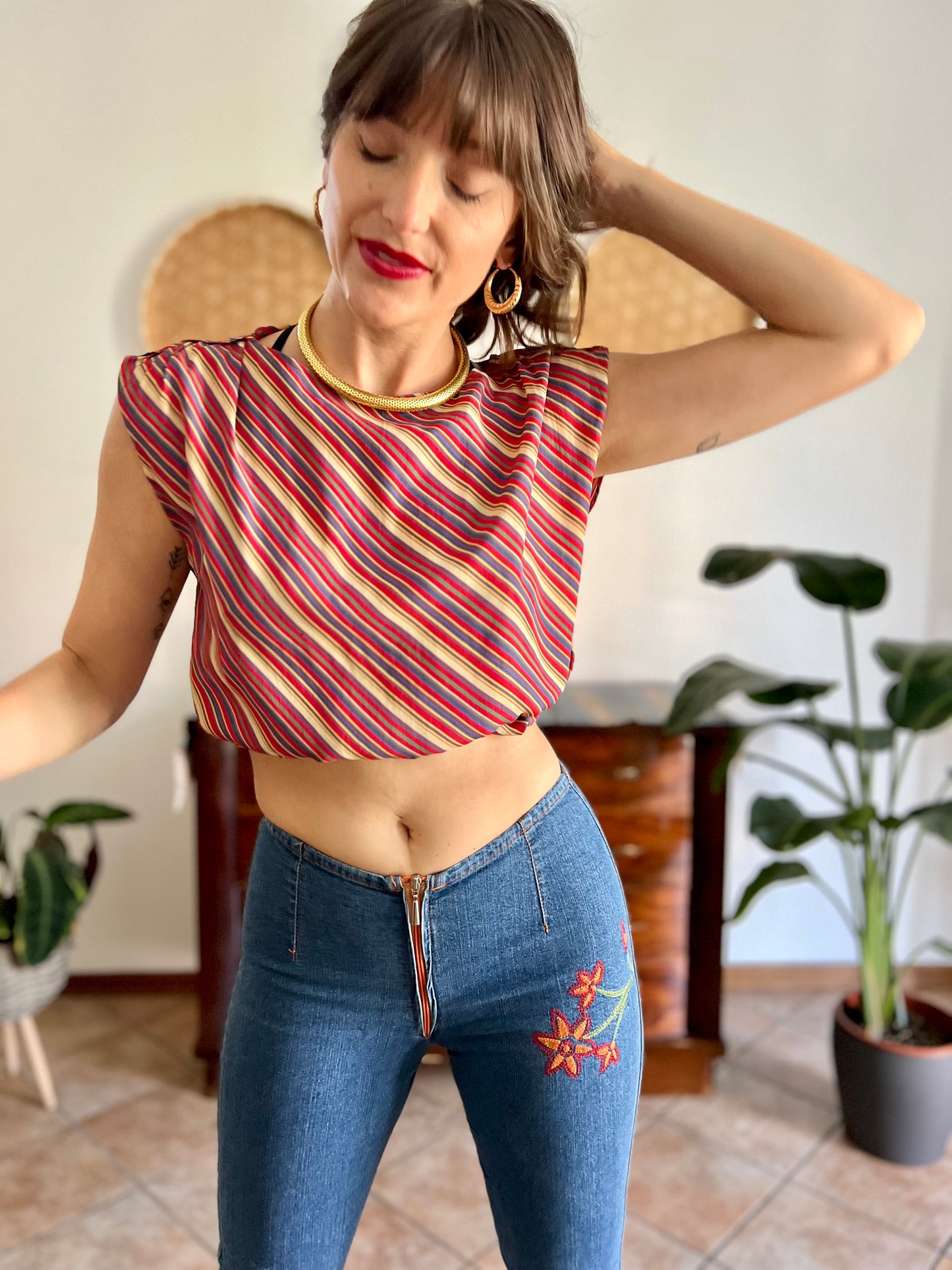 1970's vinage silk blend multicolor strip blouse