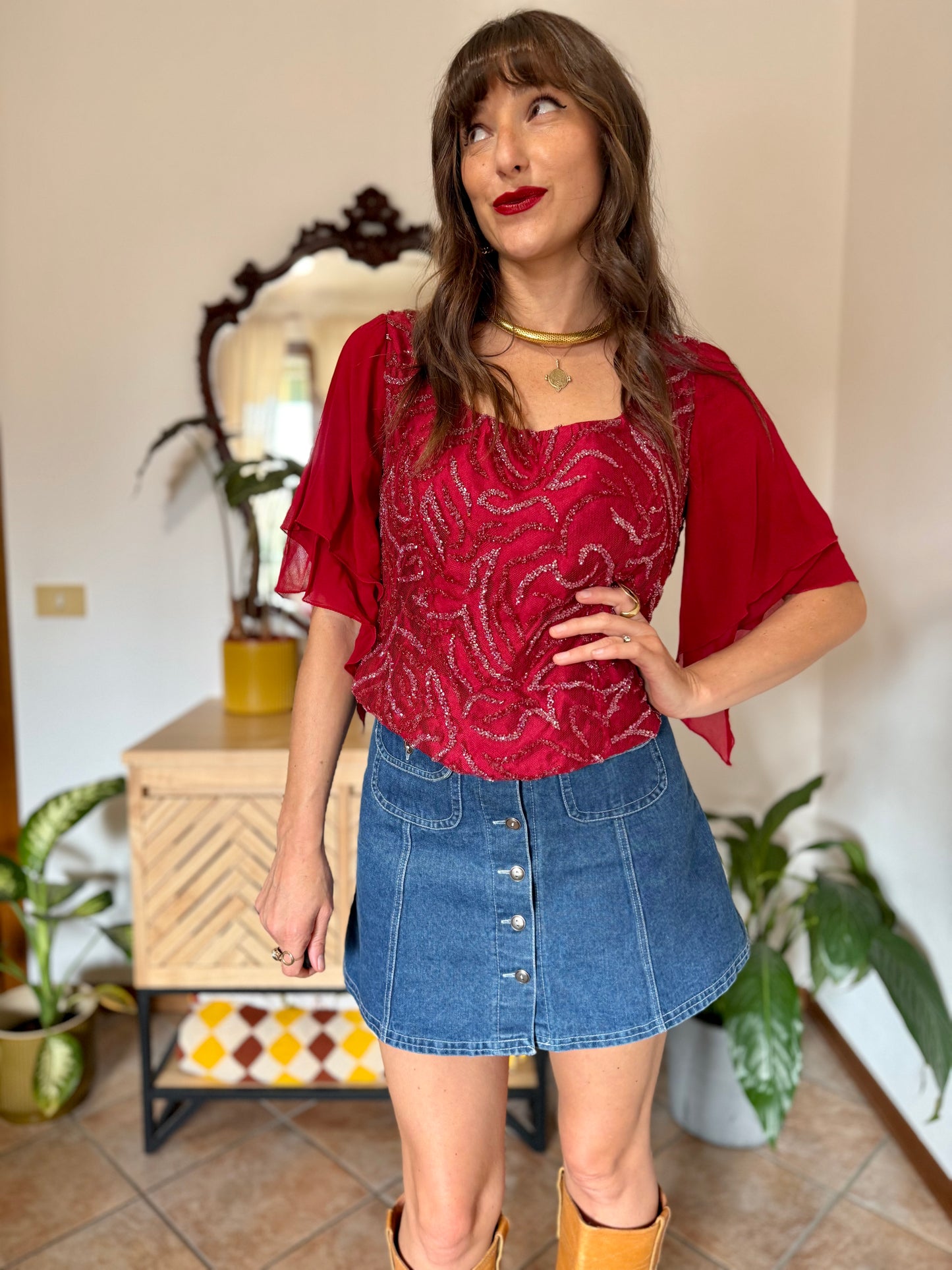 1970's vintage dark redvsilk bustier top with bell sleeves and intricate glass beading