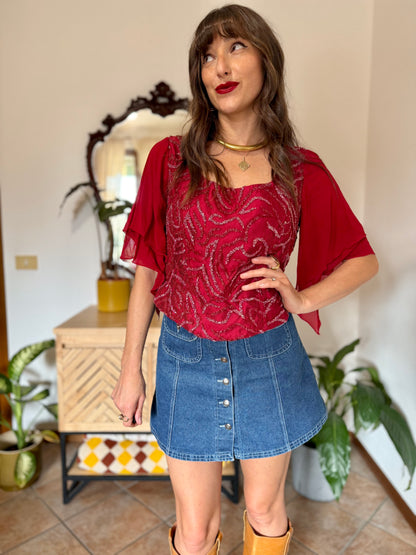 1970's vintage dark redvsilk bustier top with bell sleeves and intricate glass beading