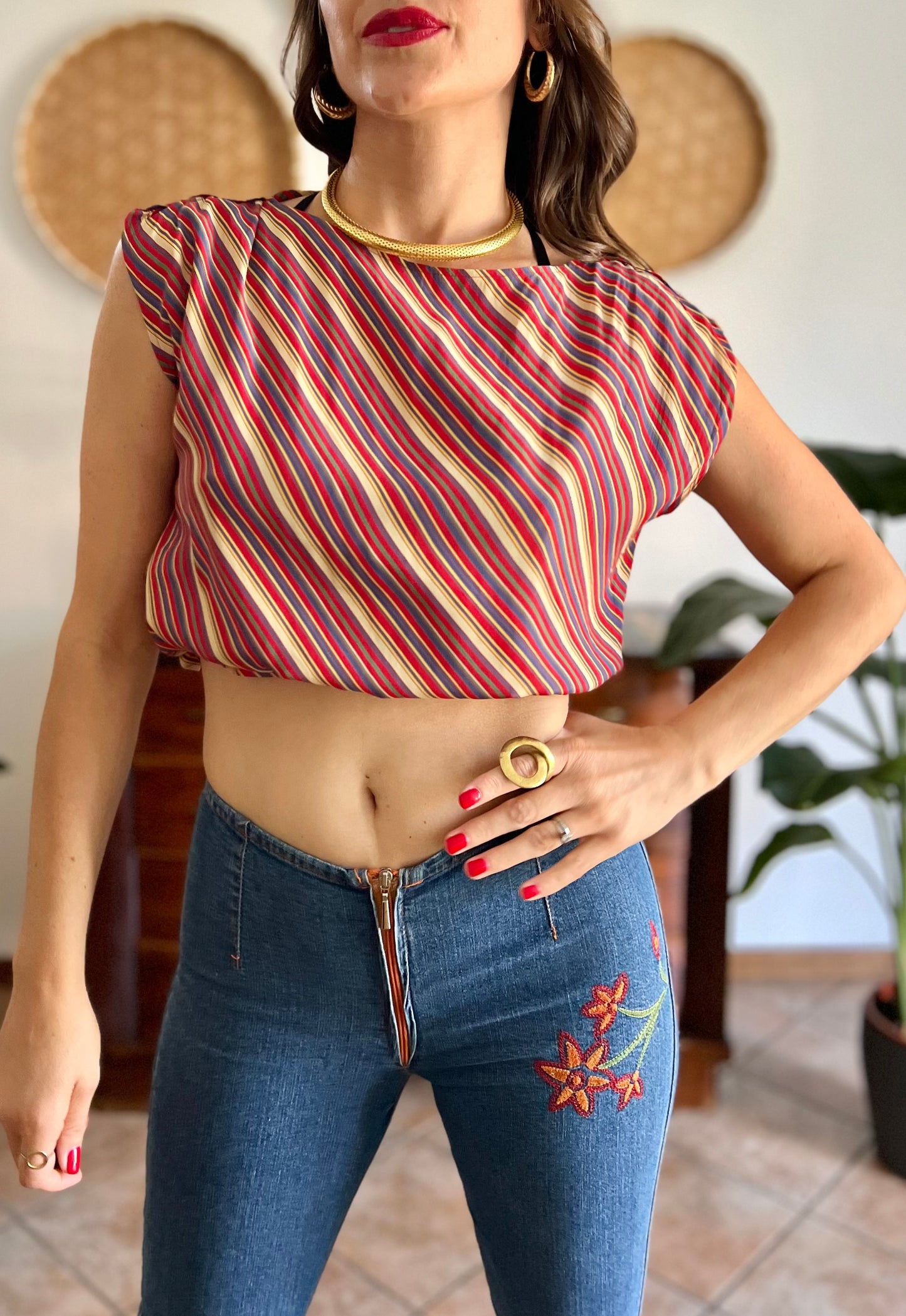 1970's vinage silk blend multicolor strip blouse