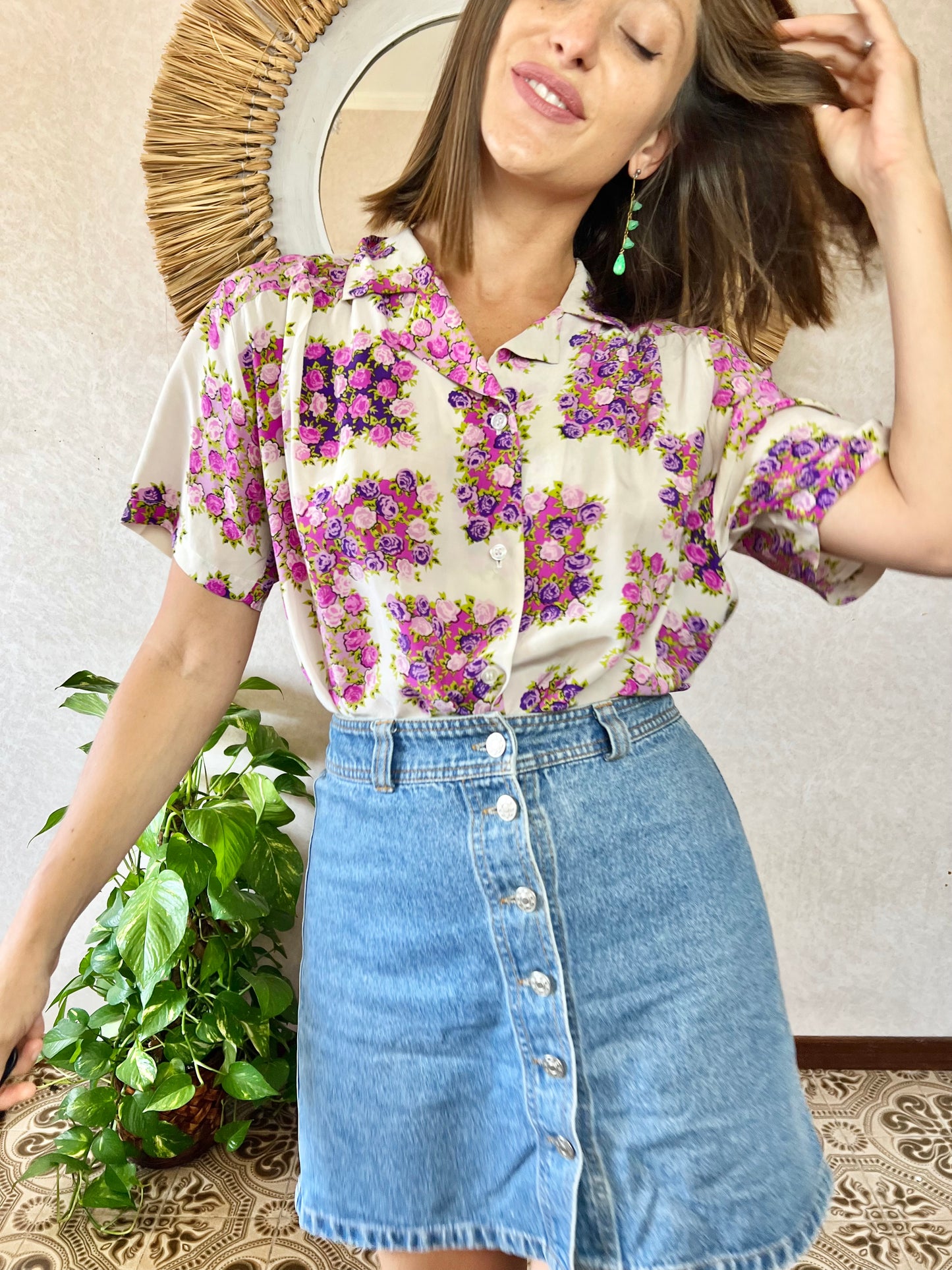 1970's vintage cream silk blouse with purple and pink flowers